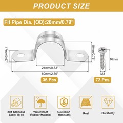 36Pcs 20mm(13/16&Prime;)304 Stainless Steel Rigid Pipe Strap with Screws, Silver