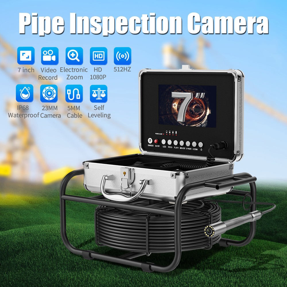 30m Sewer Pipe Inspection Camera w/ 512Hz Transmitter Self Leveling 7&Prime; Monitor
