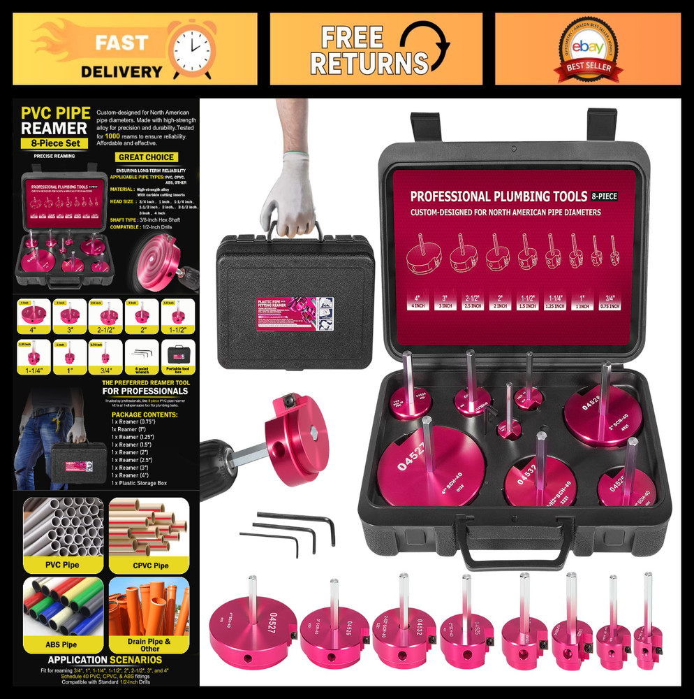 8Pcs PVC Pipe Reamer Kit &ndash; Complete Set for 1/2&Prime; Drills, Fits 1/2&Prime;-4&Prime; Pipes, Ide