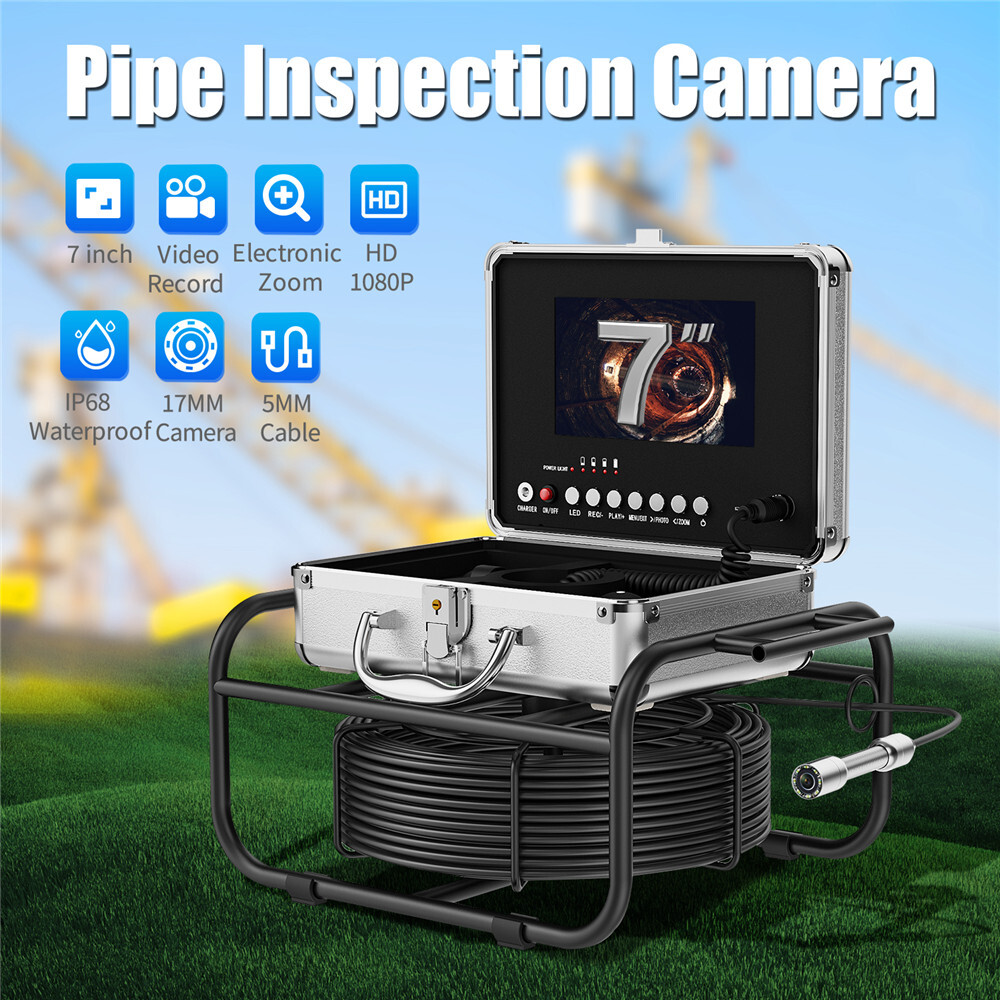 7inch Screen 50M 17mm Tube Lens Sewer Pipe Inspection Endoscope Camera DVR 16GB
