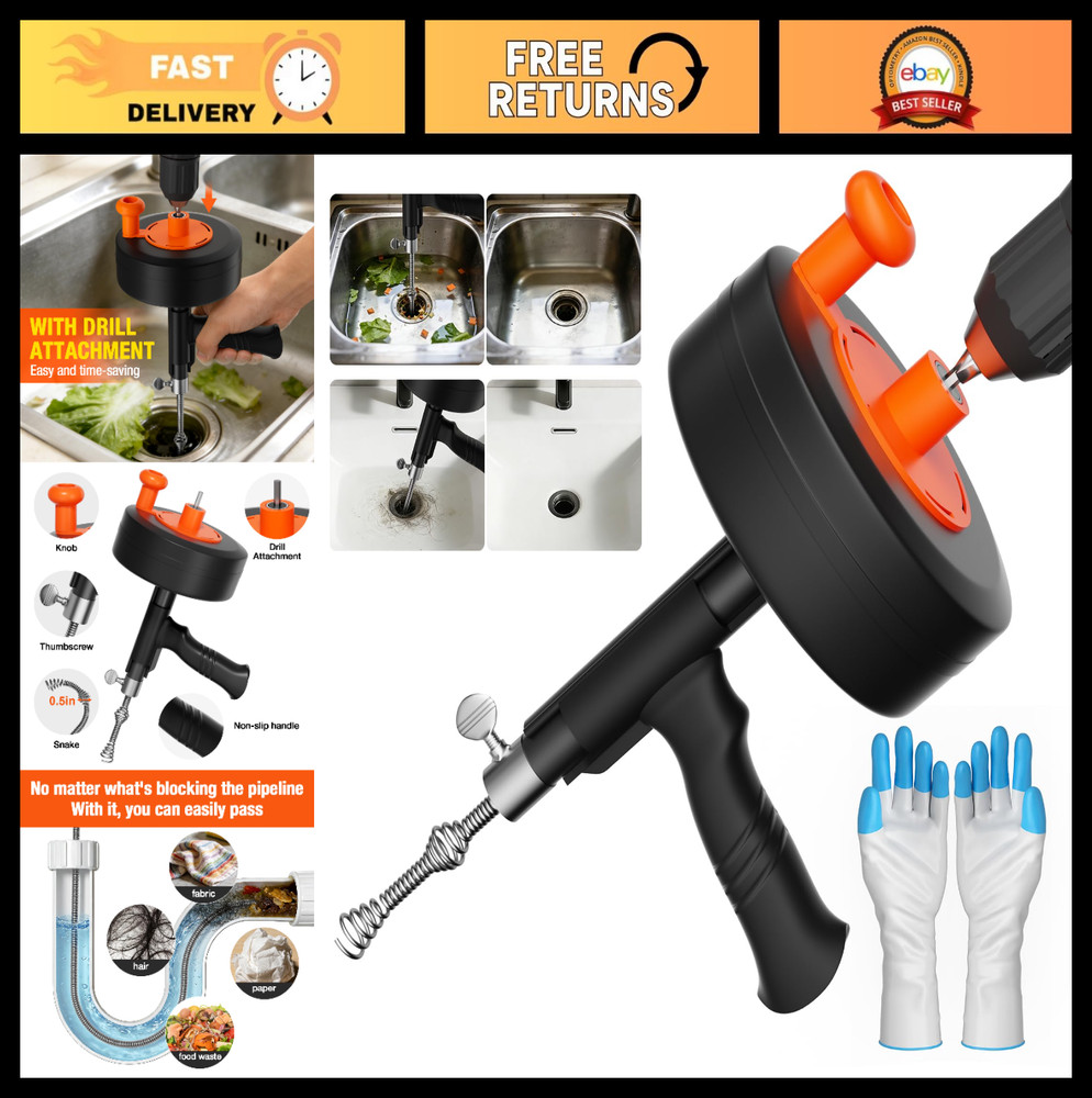 25FT Drain Auger Snake Tool &ndash; Manual & Drill Powered Hair Removal Cleaner for Si