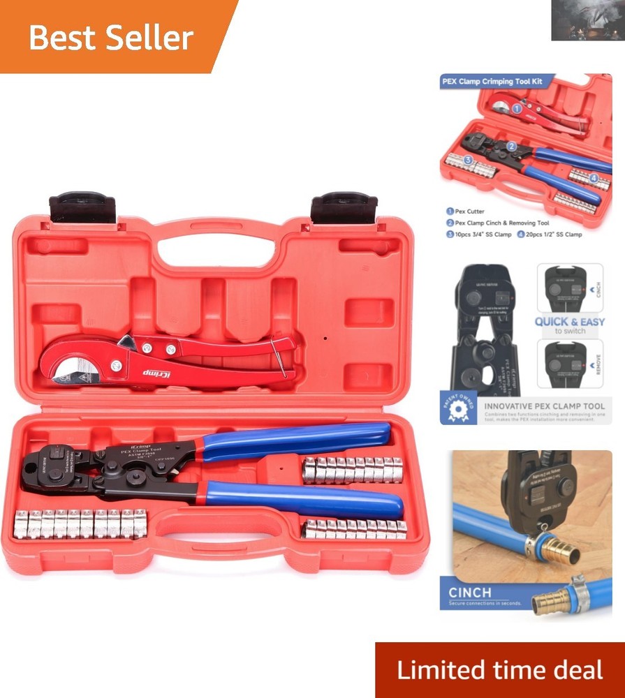 Durable Ratchet PEX Crimper & Tool Set for 3/8-in to 1-in Stainless Steel Clamps