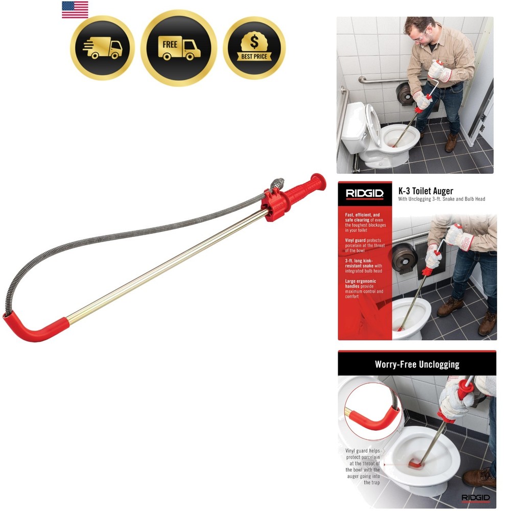 Model K-3 Toilet Auger with Unclogging 3-Foot Snake and Bulb Head
