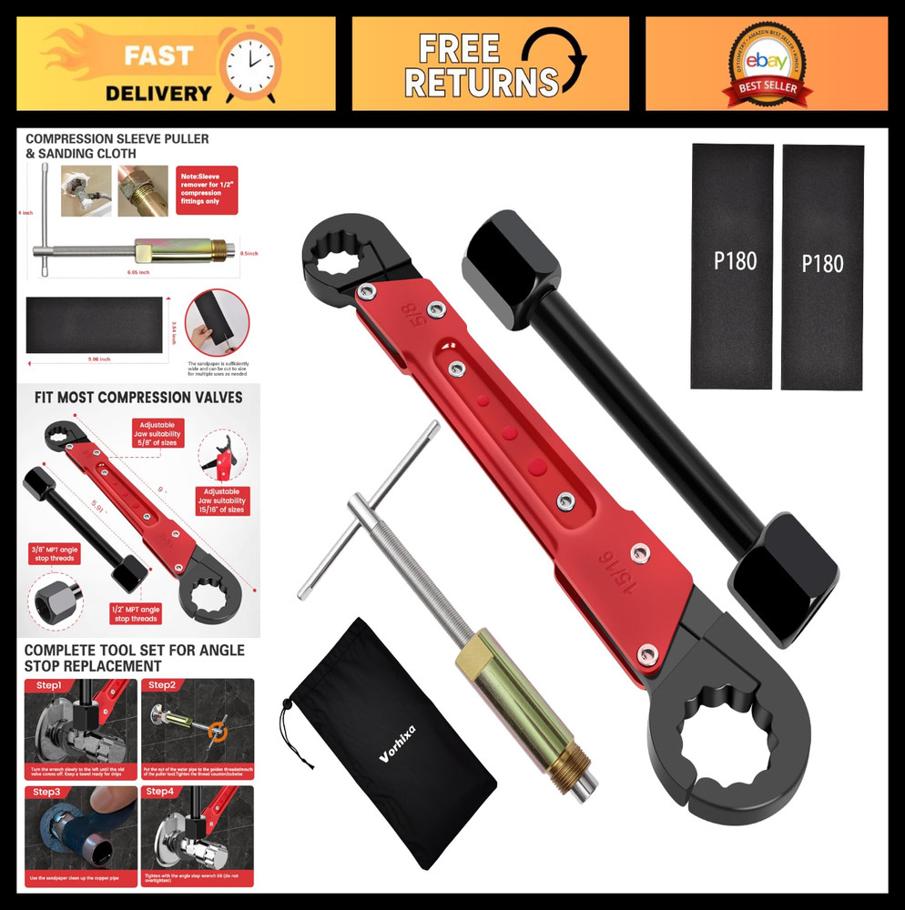 6-Piece Plumbing Tool Set &ndash; Angle Stop Wrench, Compression Sleeve Puller, Sandpa