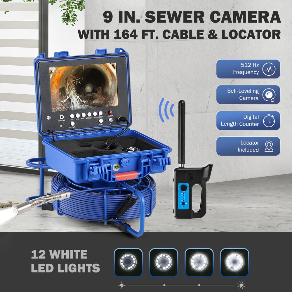 9&Prime; Self-Leveling Sewer Camera w 512Hz Locator 164 ft/50m Digital Length Counter