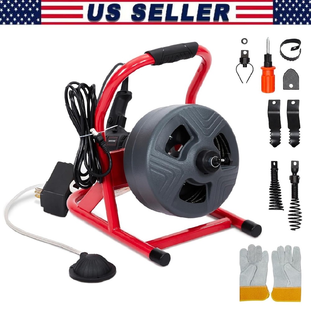 Drain Cleaner Machine 50FT x 5/16 Inch Electric Drain Auger w/ 6 Cutters ,Gloves
