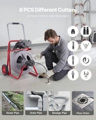 VEVOR Drain Cleaner Machine 75FT x 3/8 Inch Auto Feed with Wheels & 8 Cutters