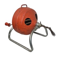 Vintage Hand Crank Drain Auger Snake Reel Industrial Plumber Tool Orange Steel