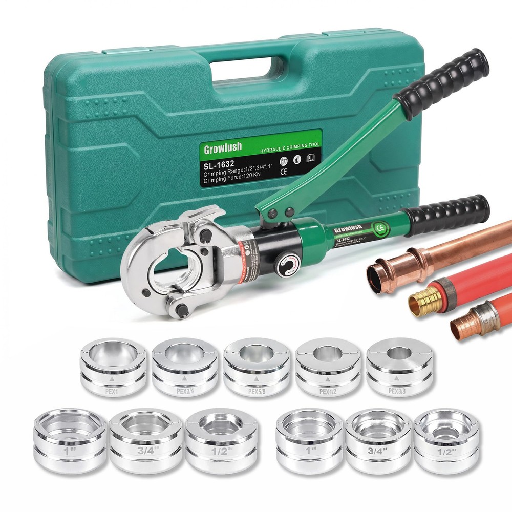 Growlush Hydraulic Copper PEX Press Tool Kit 3/8-1&Prime; 11 Dies 80KN Rotating Head