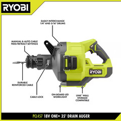 ONE+ 18V Cordless Drain Auger with 35 Ft Cable, LED Light, Auto Feed/Retract, Ca