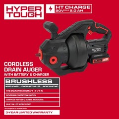 Hyper Tough 20V Brushless Cordless Drain Auger with 2.0Ah Battery