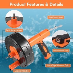 Drain Snake Hair Clog Remover with Drill Adapter, 33ft Orange-Black