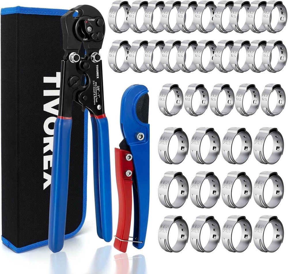 PEX Crimping Tool Kit 2 in 1 Ratchet Pex Clamp Tool W/ Cinch & Removal Function
