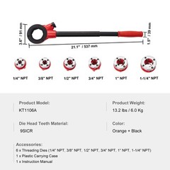 VEVOR Ratchet Pipe Threader Pipe Threading Tool 1/4&Prime; NPT &ndash; 1-1/4&Prime; NPT 6PCS Dies