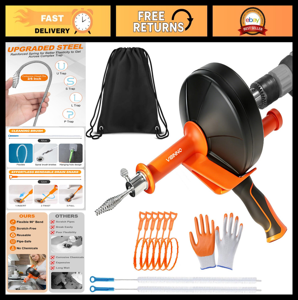25FT Drain Auger Snake Kit with Drill Adapter, Clog Removal Tool for Kitchen & B