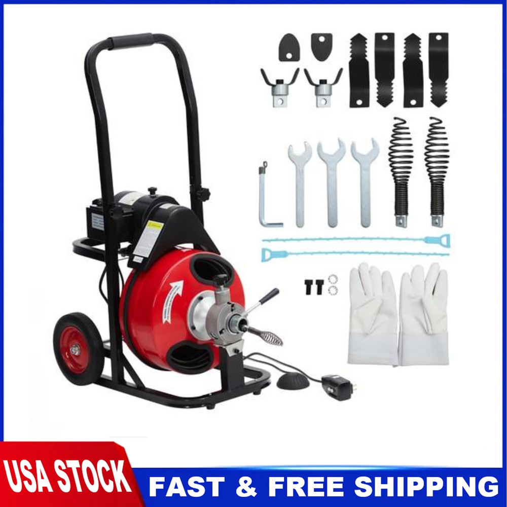 100 FT x 1/2&Prime; Drain Cleaner Electric Sewer Snake Cleaning Machine 110V w/ Gloves