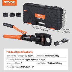 VEVOR Copper Tube Fittings Crimping Tool with 1/2&Prime; 3/4&Prime; 1&Prime; Jaws Pipe Cutter