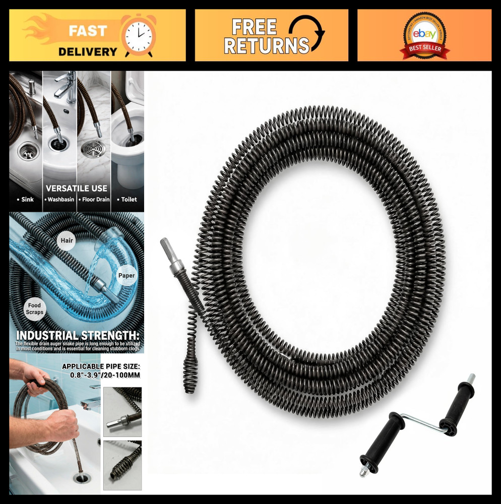 50 Ft Drain Cleaning Cable, 3/8&Prime; Flexible Sewer Auger for Clogged Toilets & Drai