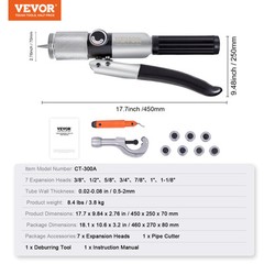 VEVOR Hydraulic Tube Expander HAVC Swaging Tool 3/8&Prime; to 1-1/8&Prime; 7 Expander Heads