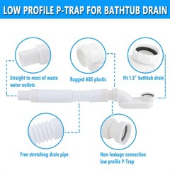 Cinsda Bathtub Shower Drain Pipe, Low Profile Flat 1 1/2 P 1.5 inches, White