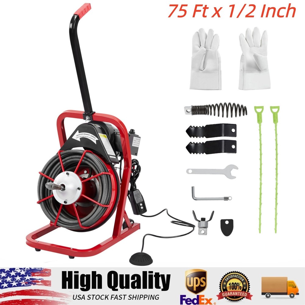 75Ft x 1/2Inch Electric Drain Auger Electric Drain Cleaning Machine, Sewer Snake