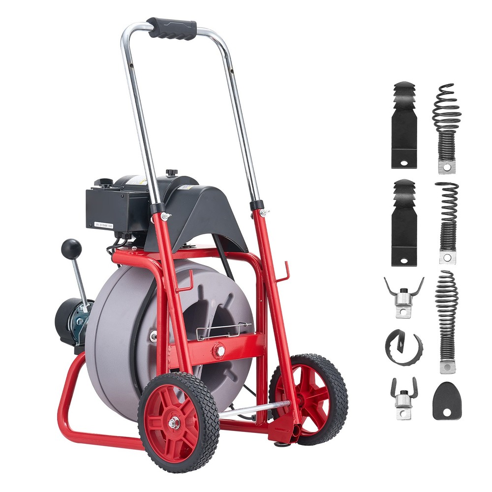 Uimoso 75FT x 3/8 Inch Drain Cleaning Machine with Auto Feed, Wheels & 8 Cutters
