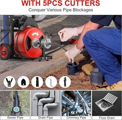 50FT 1/2 Inch Auto Feed Drain Cleaning Machine,Air-Activated Foot Switch,Red