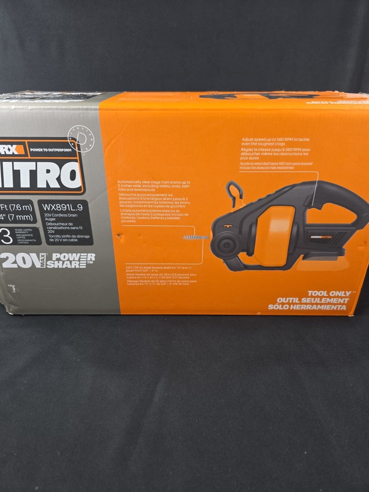 WX891L WORX Nitro 20V Power Share 25&prime; Cordless Drain Auger New Open Box Tool