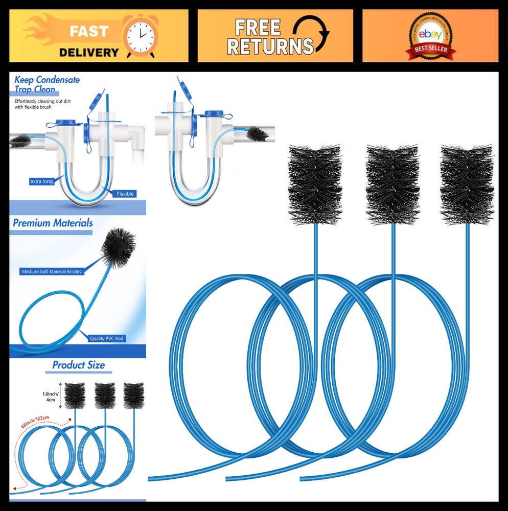 3 Pcs Flexible Drain Brush Set, 48&Prime; AC & HVAC Condensate Trap Cleaner Tool