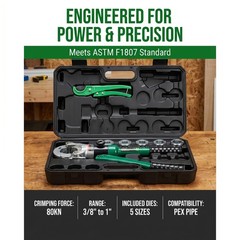 Growlush Hydraulic PEX Pipe Crimping Tool Kit 3/8-1&Prime; 5 Dies ASTM F1807 80KN