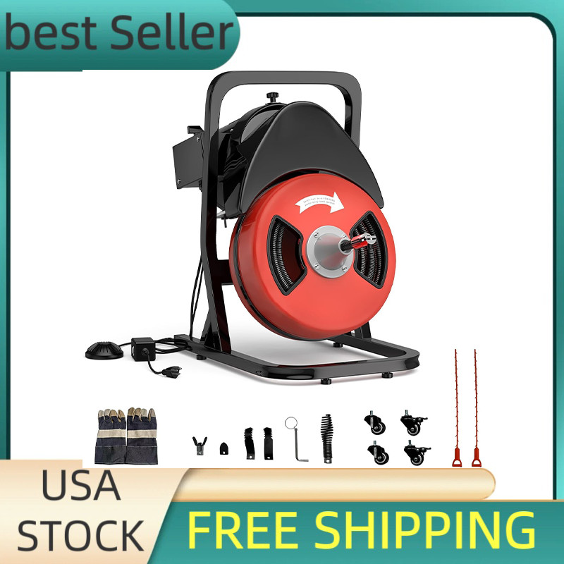 50FTx1/2&Prime; Heavy Duty Drain Cleaner Machine,Auto Feed Sewer Snake Auger W/Cutter