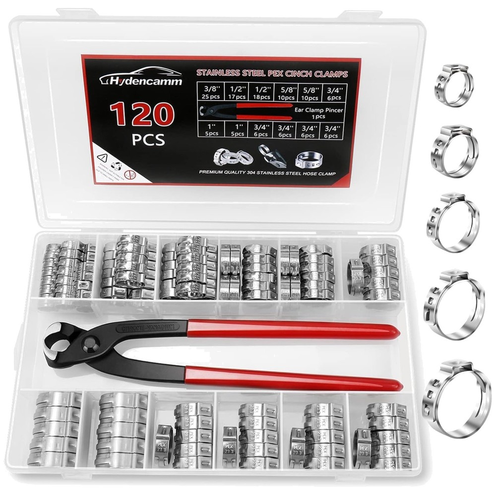 120PCS PEX Clamps Kit w/ Plier, Stainless Steel Rings