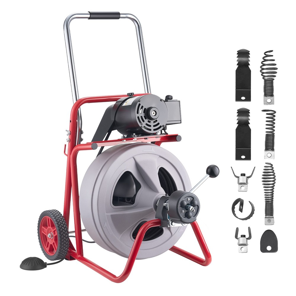 VEVOR Drain Cleaner Machine 75FT x 3/8 Inch Auto Feed with Wheels & 8 Cutters