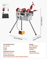 VEVOR Electric Pipe Threader Machine 750W 28RPM Cutter for 1/2&Prime; to 2&Prime; Pipes