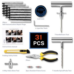 Flat Tire Repair Kit with Plugs, 31~Piece for Car, Motorcycle, ATV, Truck