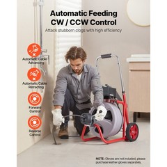 VEVOR Drain Cleaner Machine 100FT x 3/8 Inch Auto Feed with Wheels & 8 Cutters