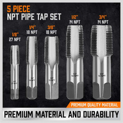 5-Piece NPT Pipe Tap Kit with Heavy-Duty Storage Case, 1/8&Prime;&ndash;3/4&Prime; Tapered Taps
