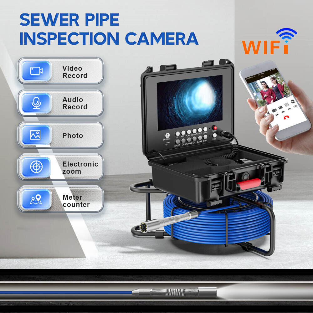 9&rdquo; 50M HD WIFI Sewer Camer Pipe Inspection Camera Meter Counter 23mm Video DVR