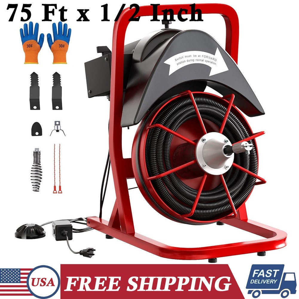 75FT x 1/2 Inch Steel Core Cable Drain Cleaner Machine 370W Electric Sewer Auger