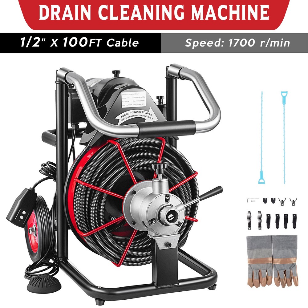 100ft x 1/2&Prime; Commercial Drain Cleaner Sewer Snake Drain Auger Cleaning Machine