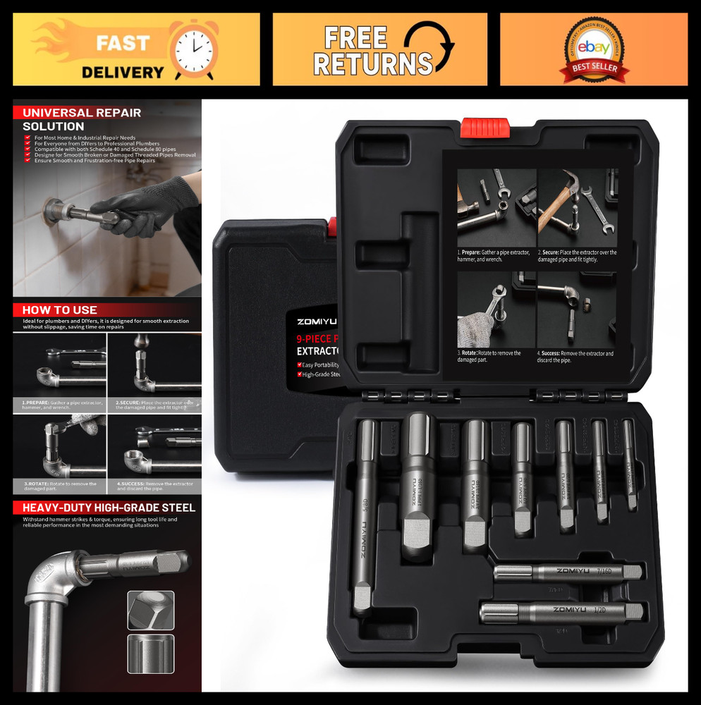 Heavy Duty Pipe Extractor Set &ndash; 9-Piece Steel Tool for Removing Damaged Pipes &
