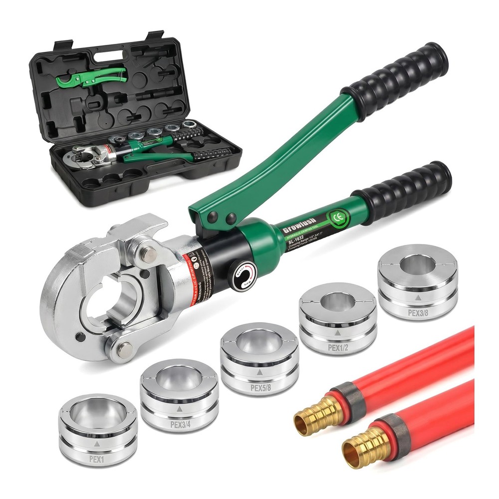 Growlush Hydraulic PEX Pipe Crimping Tool Kit 3/8-1&Prime; 5 Dies ASTM F1807 80KN