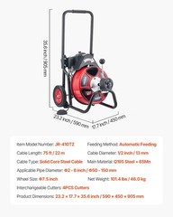 Portable Sewer Snake: 75ft 1/2&Prime; Solid Core Cable, Foot Switch, 4 Heads