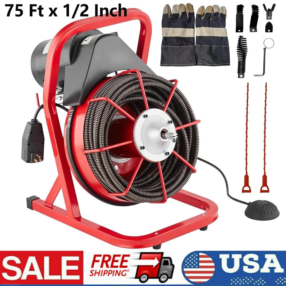 75FT x 1/2 Inch Drain Cleaner Machine Manual Feed with Cutters & Foot Switch Red