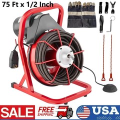 75FT x 1/2 Inch Drain Cleaner Machine Manual Feed with Cutters & Foot Switch Red