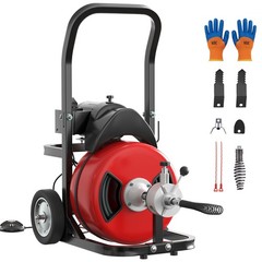 Electric Drain Auger 100ftx1/2in, 370W Portable Sewer Cleaning Machine on Wheels