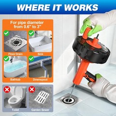 Auto Feed Drain Auger with Gloves, 33 Ft Drain Snake Hair Clog Remover