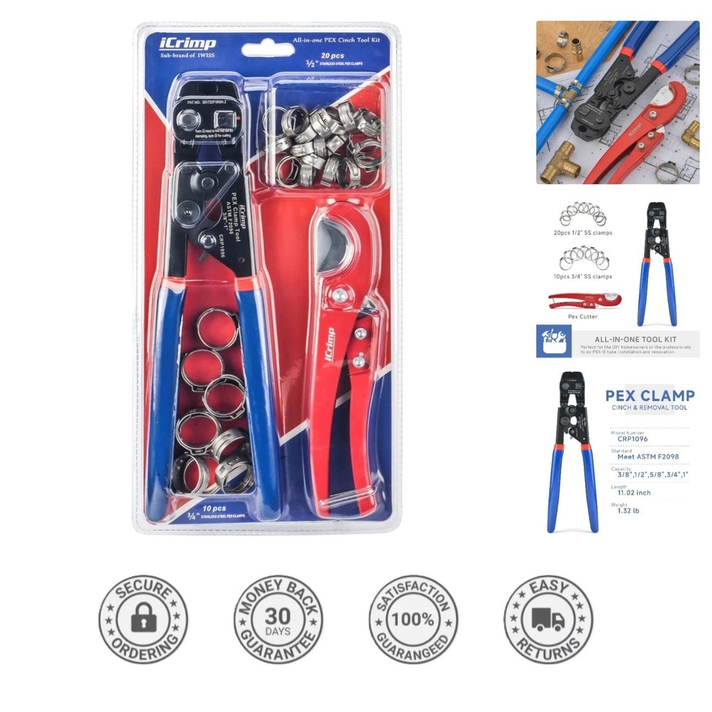 Professional-Grade Ratchet PEX Tool Set with Pipe Cutter & 30 Clamps Included