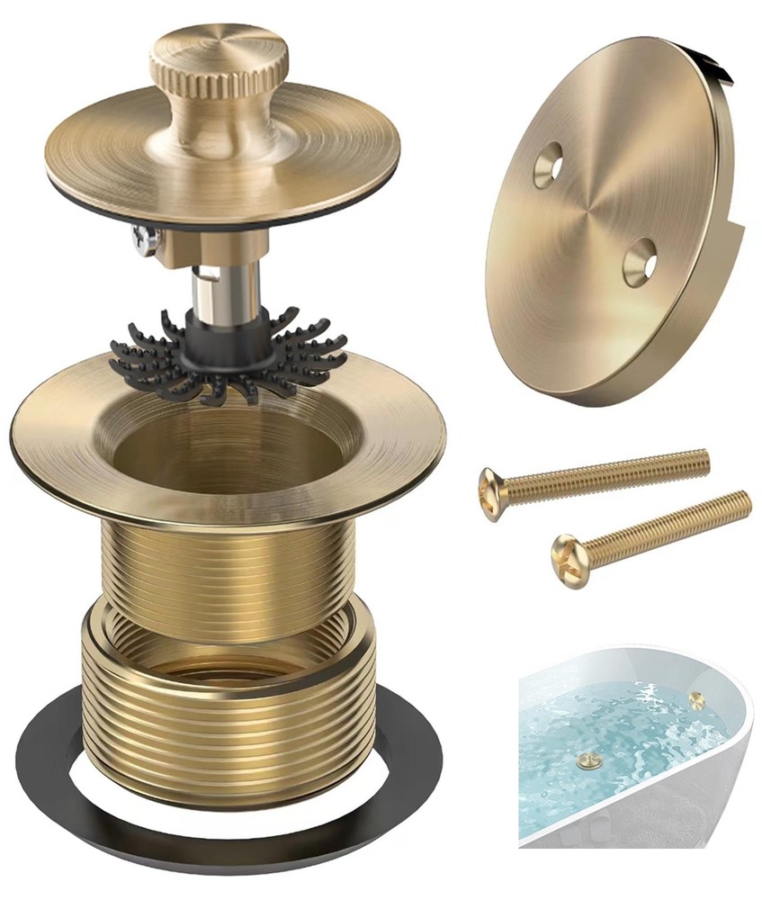 Champagne Brushed Gold Bronze Bathtub Drain, Hair Catcher and 2-Hole Overflow Fa