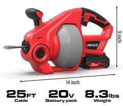 POPULO 20V Cordless Electric Drain Auger-Efficient 25Ft Auto-Feed Drain Snake&hellip;